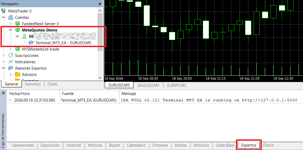 The Experts tab in MetaTrader 5 showing Terminal MT5 EA is running on http://127.0.0.1:5000