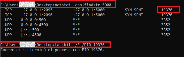 Command Prompt showing netstat finding port 5000 and taskkill ending the process